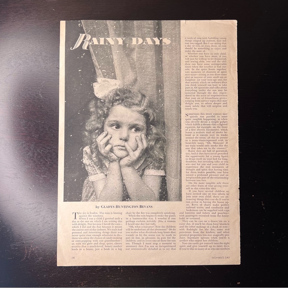 Vintage 1939 Woman’s Day “Rainy Days” Magazine Page, Pensive Child
